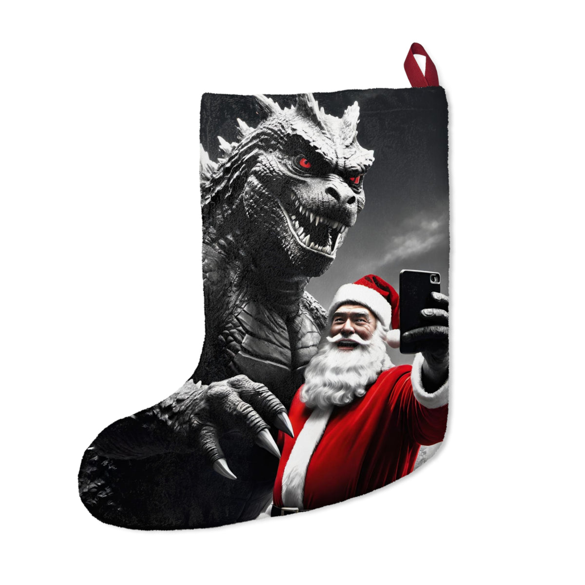 Funny Kaiju Christmas Stocking - Giant Monster Santa Selfie Xmas Stocking - Humorous Holiday Decor for Dad, Teen Boy - Best Christmas Gift