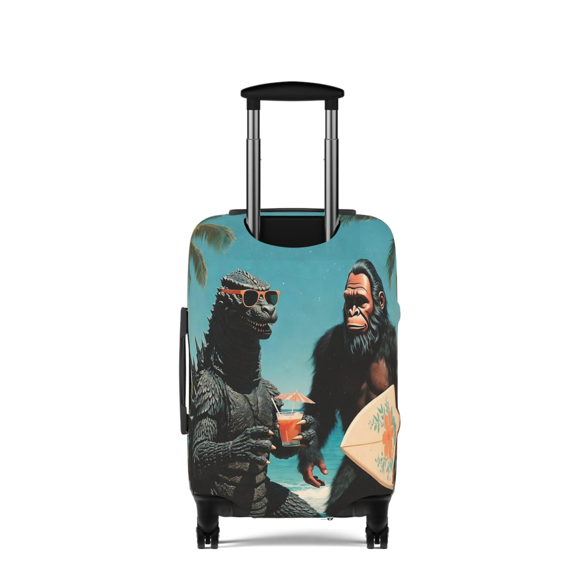 Beach Cryptids Luggage Cover - Funny Tropical Vacation Monsters Suitcase Protector