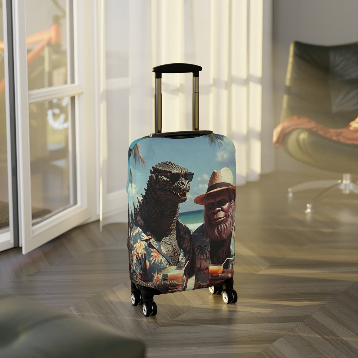 Beach Cryptids Luggage Cover - Funny Tropical Vacation Monsters Suitcase Protector