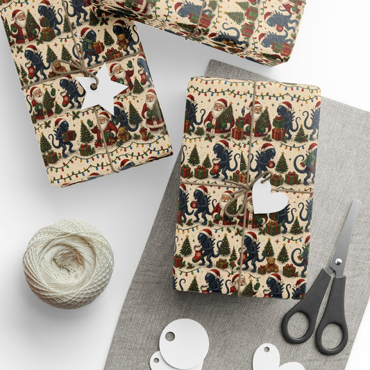 Vintage Christmas Aliens and Santa Folk Art Wrapping Paper