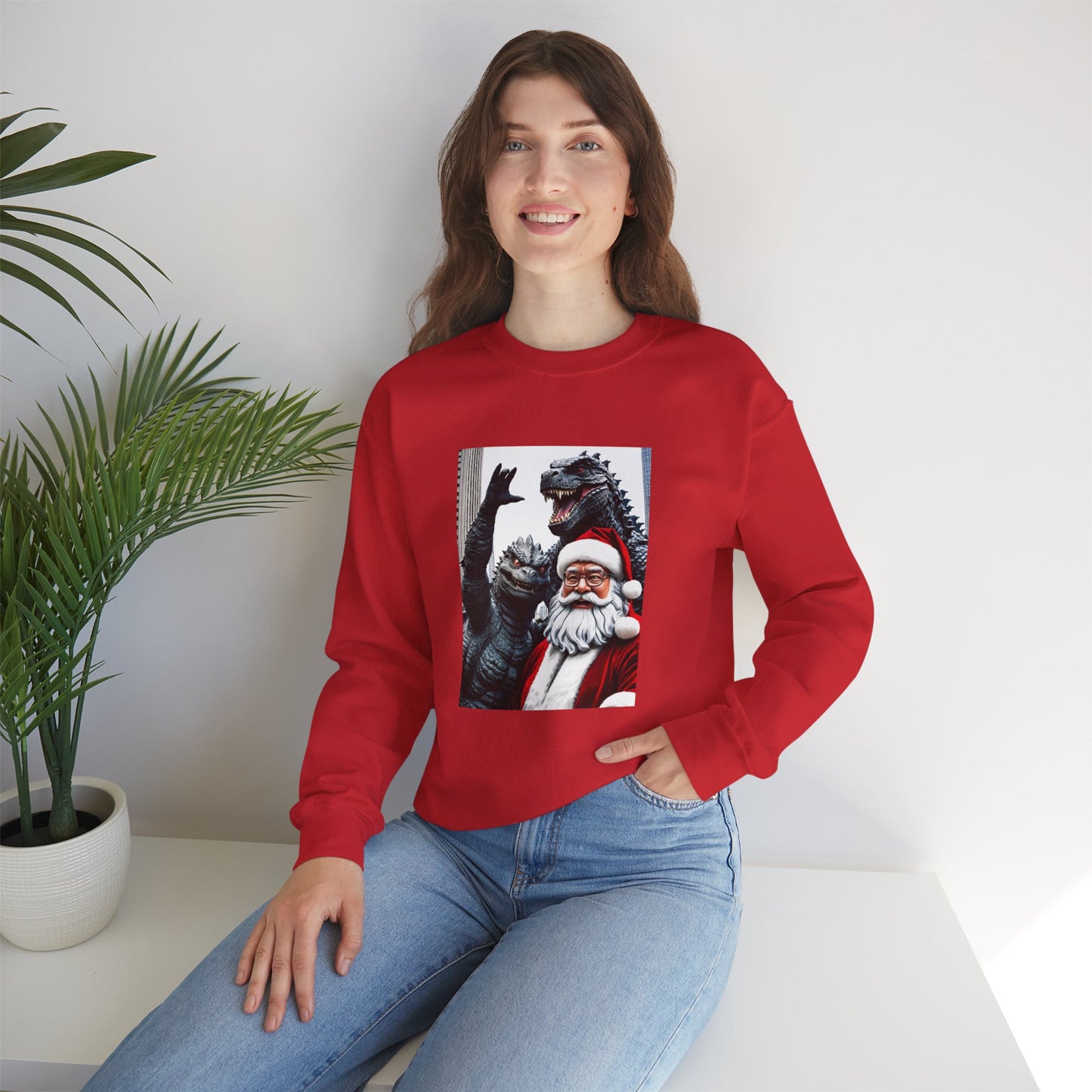 Santa with Godzilla Crewneck Sweatshirt