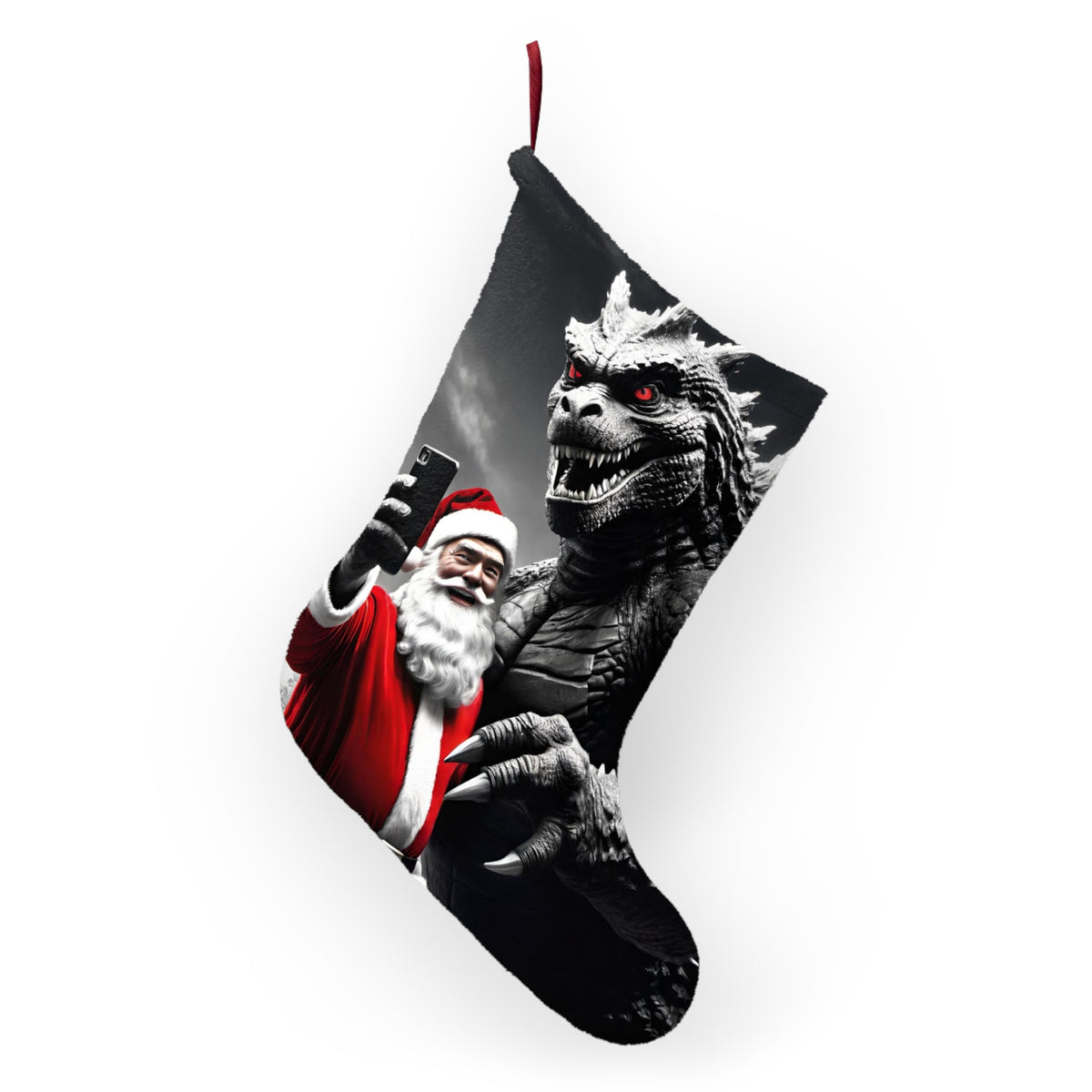 Funny Kaiju Christmas Stocking - Giant Monster Santa Selfie Xmas Stocking - Humorous Holiday Decor for Dad, Teen Boy - Best Christmas Gift