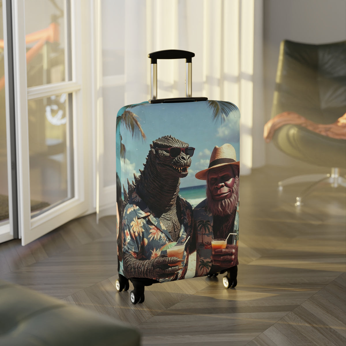 Beach Cryptids Luggage Cover - Funny Tropical Vacation Monsters Suitcase Protector