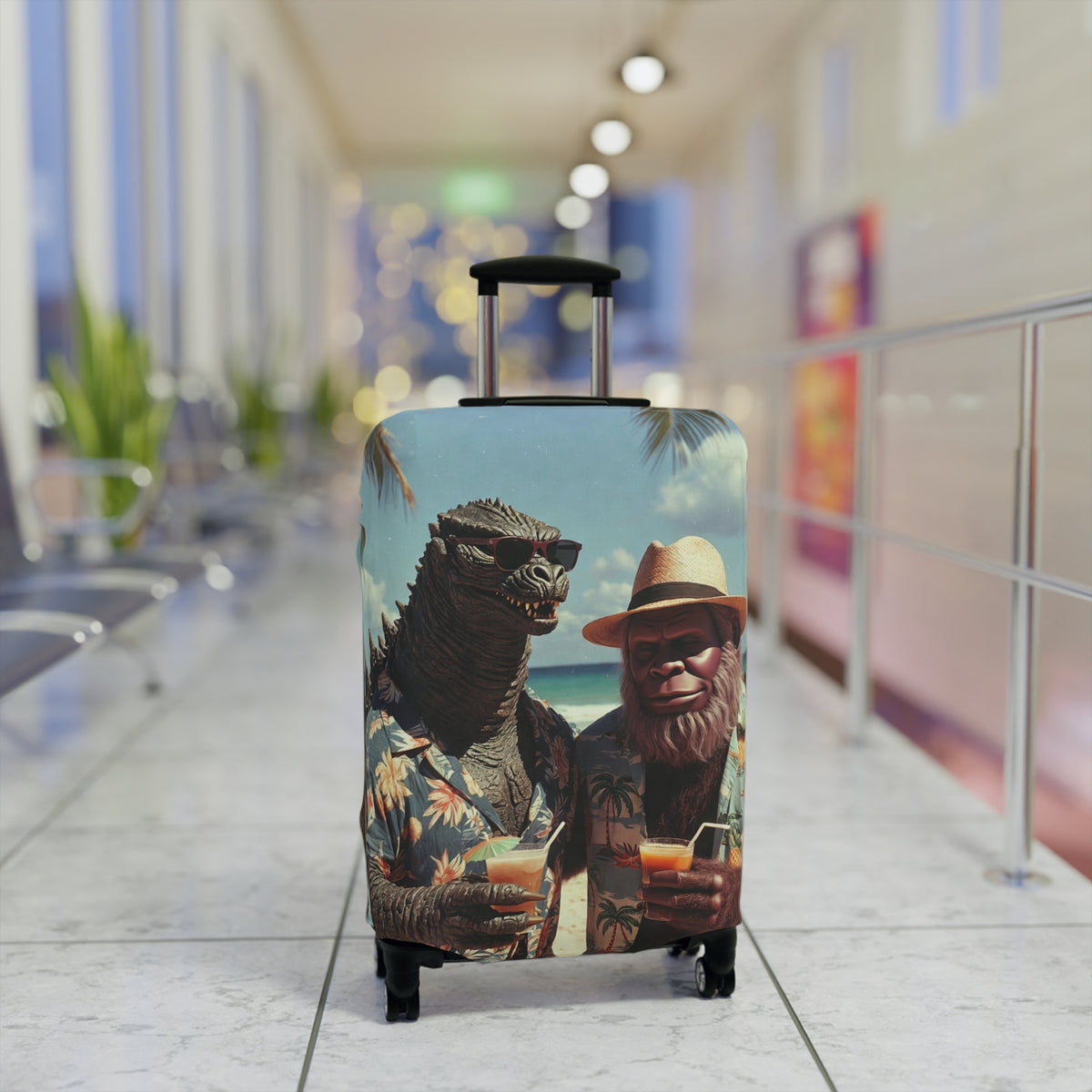 Beach Cryptids Luggage Cover - Funny Tropical Vacation Monsters Suitcase Protector