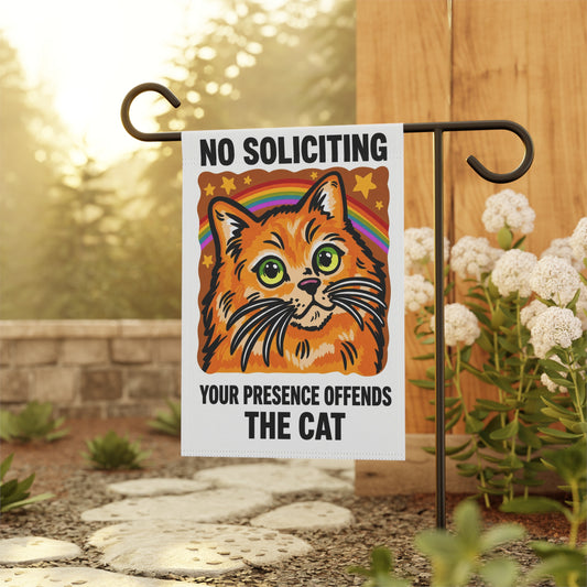 Funny No Soliciting Sign - Your Presence Offends The Cat - Retro Cat House Banner for Cat Moms