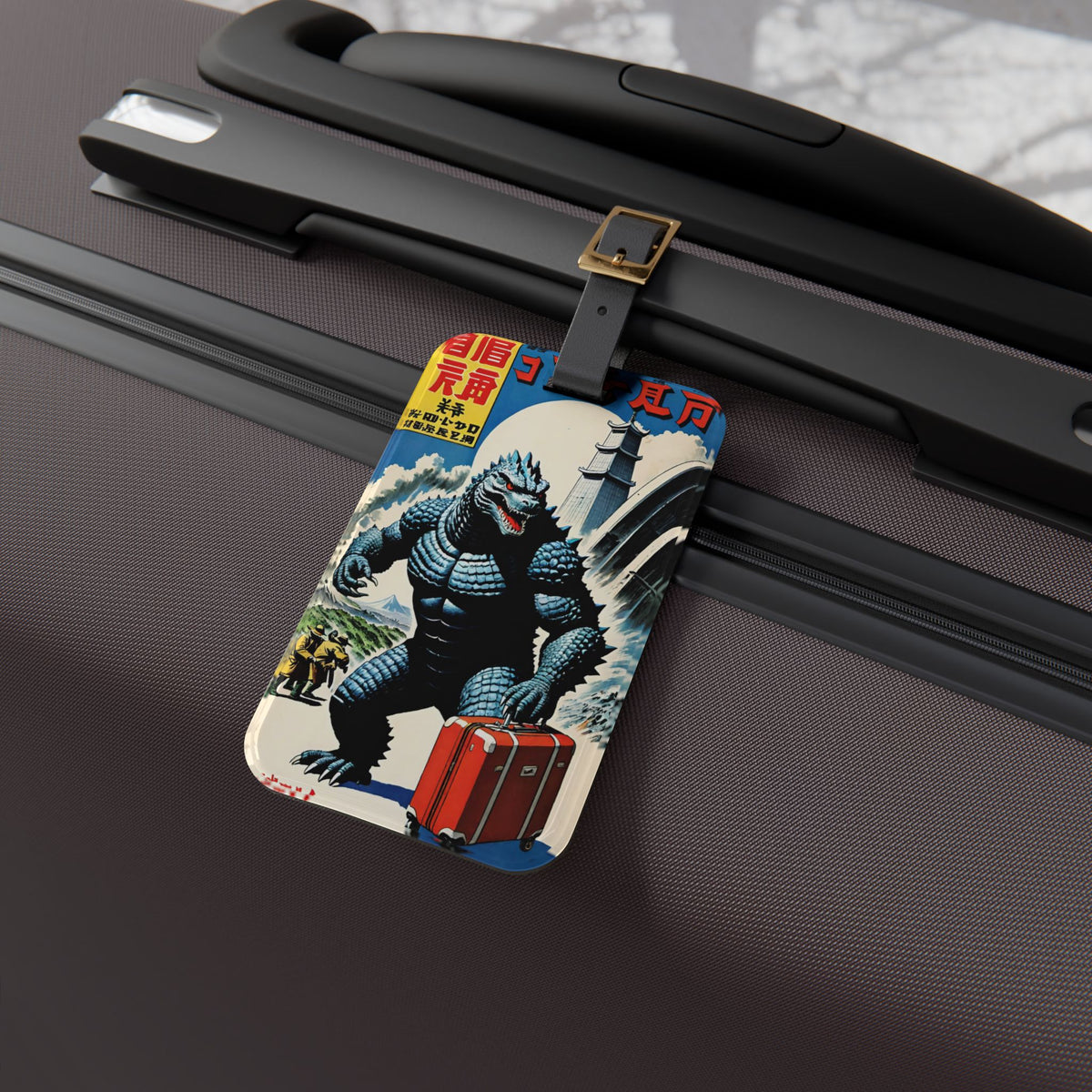 Retro Giant Monster Luggage Tag - Vintage Japanese Comic Suitcase ID Tag - Kaiju Travel Accessory