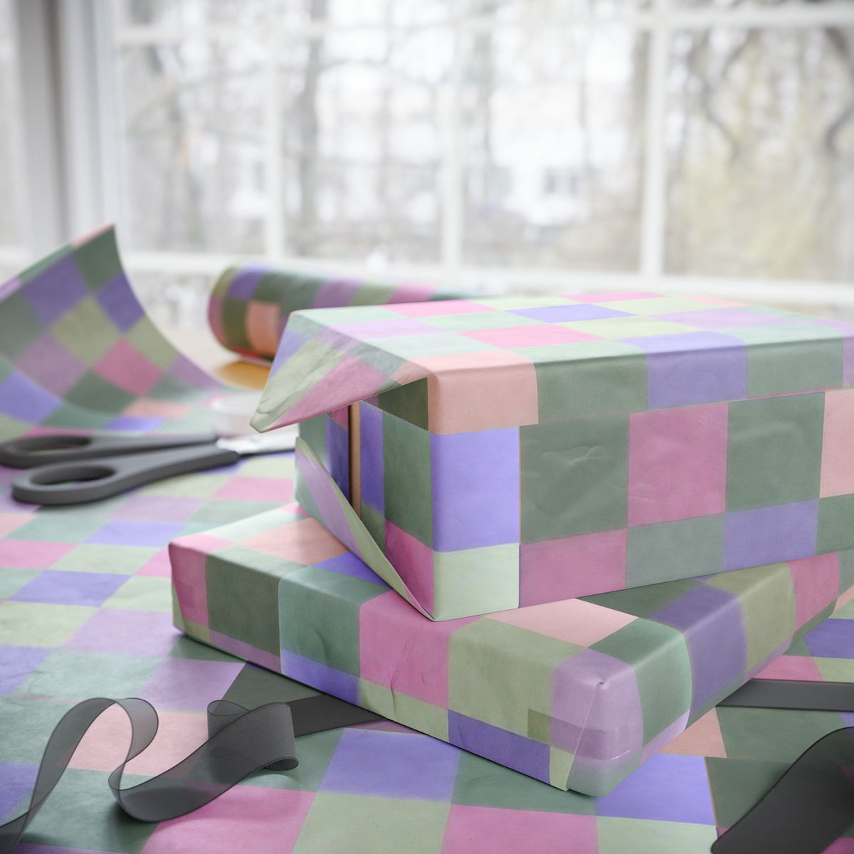 Pastel Rainbow Check wrapping paper Muted pink, sage, lilac checkerboard