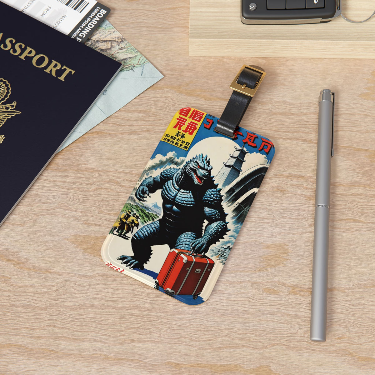 Retro Giant Monster Luggage Tag - Vintage Japanese Comic Suitcase ID Tag - Kaiju Travel Accessory