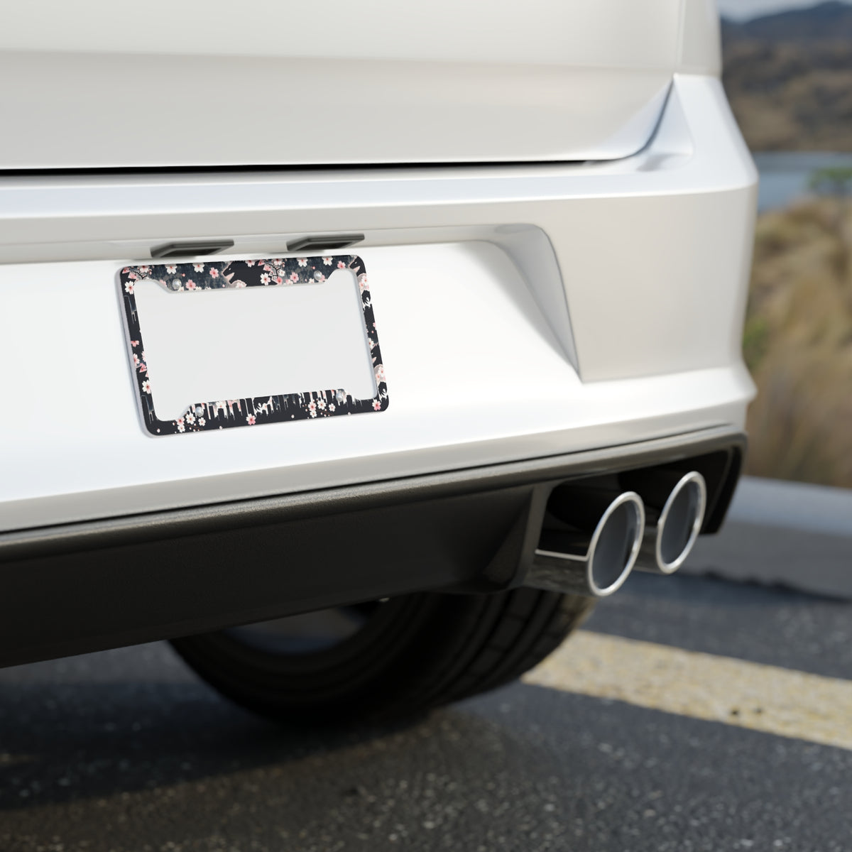 Tokyo Sakura Skyline License Plate Frame - JDM Cherry Blossom Aluminum Frame | DorkMafia Kaiju Edition