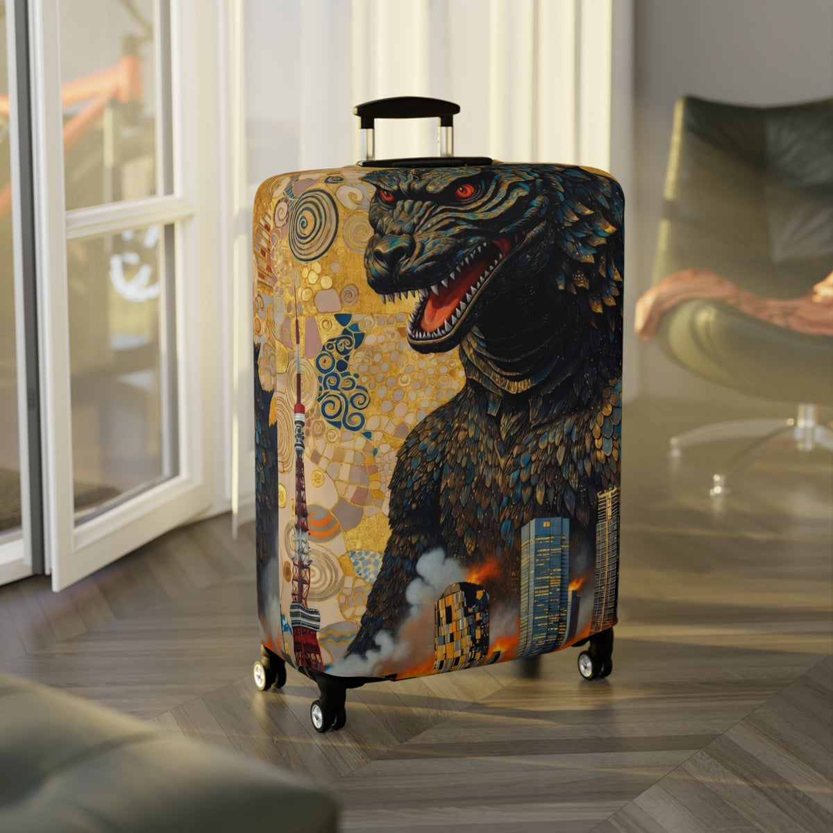 Art Nouveau Golden Monster Luggage Cover - Elastic Suitcase Protector for Travel