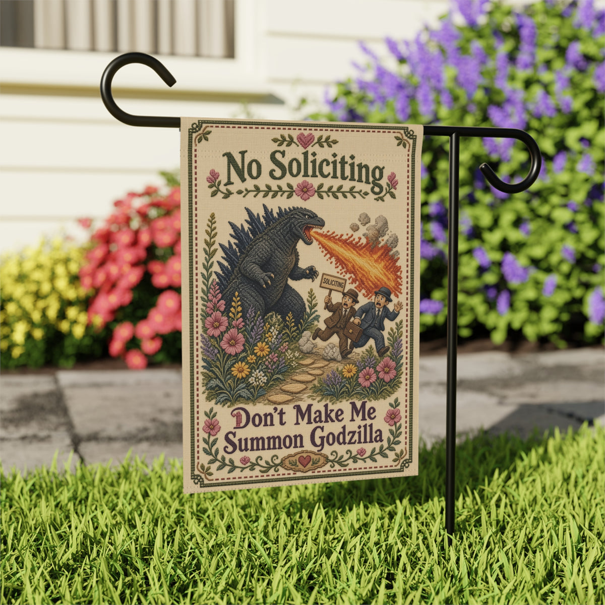 No Soliciting Funny Garden Flag - Don't Make Me Unleash The Giant Monster - Vintage Monster Garden Banner