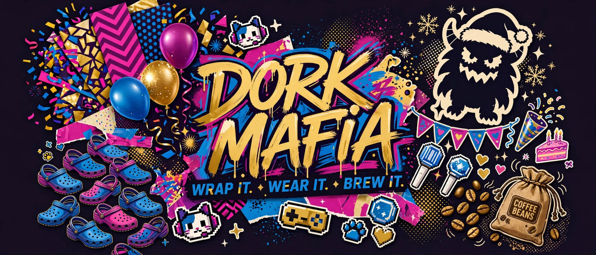 Dork Mafia homepage banner with colorful Kpop birthday wrapping paper, Loteria gift wrap, anime manga clog shoes, and Colombia coffee beans - Wrap It Wear It Brew It