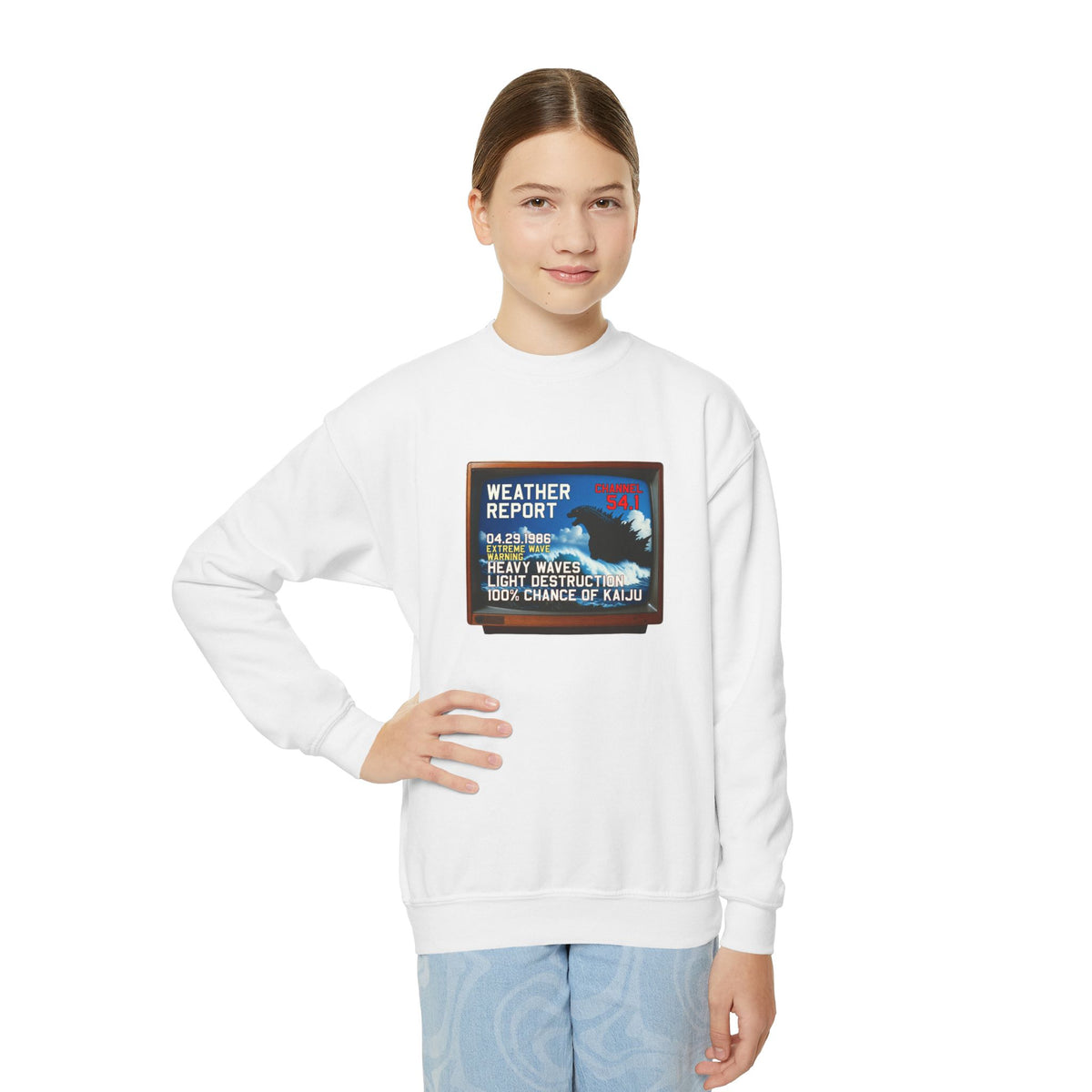 Youth Kaiju Weather Forecast sweatshirt with 90% Chance of Fun graphic